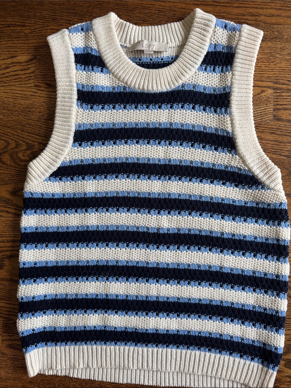 LOFT Cream, Light Blue & Navy Striped Knit Vest